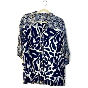 Anthropologie Roll Sleeve Blue and White Oversized 3/4 Sleeve Button Down Shirt